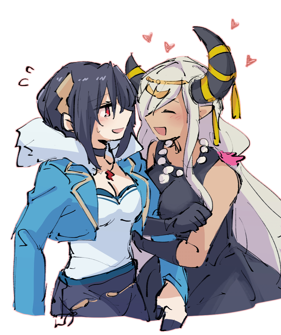 2girls alonemistrist black_choker black_dress black_gloves black_hair blue_jacket breasts choker cleavage closed_eyes commentary cropped_jacket dark-skinned_female dark_skin dragon_horns dress fire_emblem fire_emblem_engage flying_sweatdrops gloves grey_hair hair_over_one_eye heart holding_another&#039;s_arm horns jacket long_hair looking_at_another multiple_girls nel_(fire_emblem) nintendo open_clothes open_jacket open_mouth pointy_ears red_eyes shirt short_hair sleeveless sleeveless_dress symbol-only_commentary very_long_hair white_background white_shirt yuri zelestia_(fire_emblem)