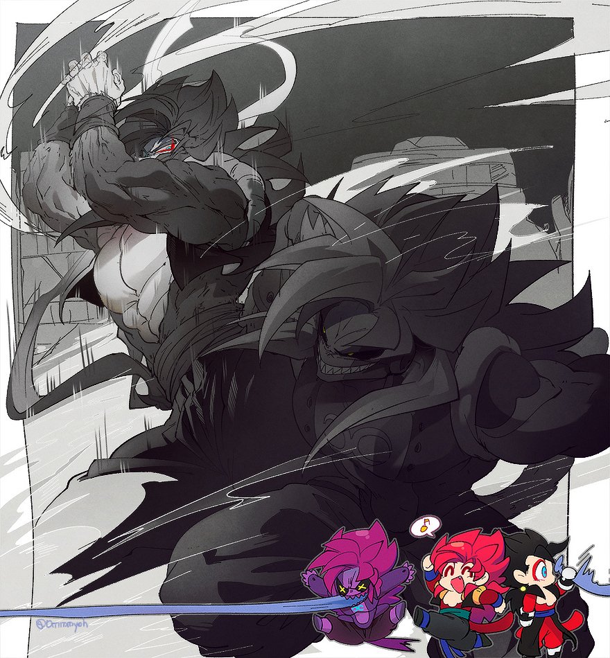 black_hair blue_eyes blue_sash closed_mouth dark_gogeta dougi dragon_ball dragon_ball_gt dragon_ball_heroes earrings fin_(dragon_ball) gloves gogeta gogeta_(xeno) jewelry long_hair male_focus metamoran_vest monkey_boy monkey_tail multiple_boys muscular muscular_male ommmyoh open_mouth pants potara_earrings red_fur saiyan sash smile spiked_hair super_saiyan super_saiyan_4 tail time_patrol_(dragon_ball) twitter_username vegetto vegetto_(xeno)