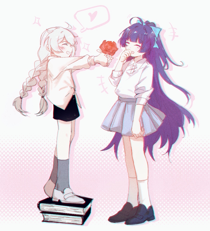 +++ 2girls aged_down ahoge black_shorts blue_ribbon blunt_bangs blush book braid child closed_eyes collared_shirt commentary_request daikon_daikon flower grey_socks grin hair_ribbon halftone halftone_background hand_to_own_mouth happy heart height_difference holding holding_flower honkai_(series) honkai_impact_3rd kiana_kaslana long_hair long_sleeves miniskirt multiple_girls pink_background pleated_skirt purple_hair raiden_mei red_flower red_rose ribbon rose shirt shorts skirt smile socks sparkle spoken_heart standing standing_on_object twin_braids very_long_hair white_background white_hair white_shirt white_socks yuri