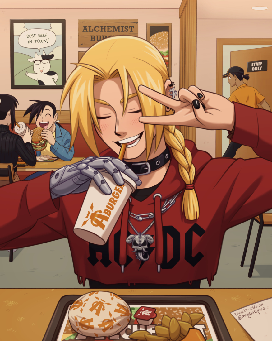 2boys 2girls ^_^ arakawa_hiromu_(cow) artist_name baseball_cap black_hair black_nails blonde_hair braid burger chair choker closed_eyes contemporary cup drinking_straw ear_piercing edward_elric english_text food fullmetal_alchemist hat hood hoodie jewelry lan_fan ling_yao marycrispies multiple_boys multiple_girls open_mouth paninya_(fma) pendant piercing restaurant single_braid sitting smile table v