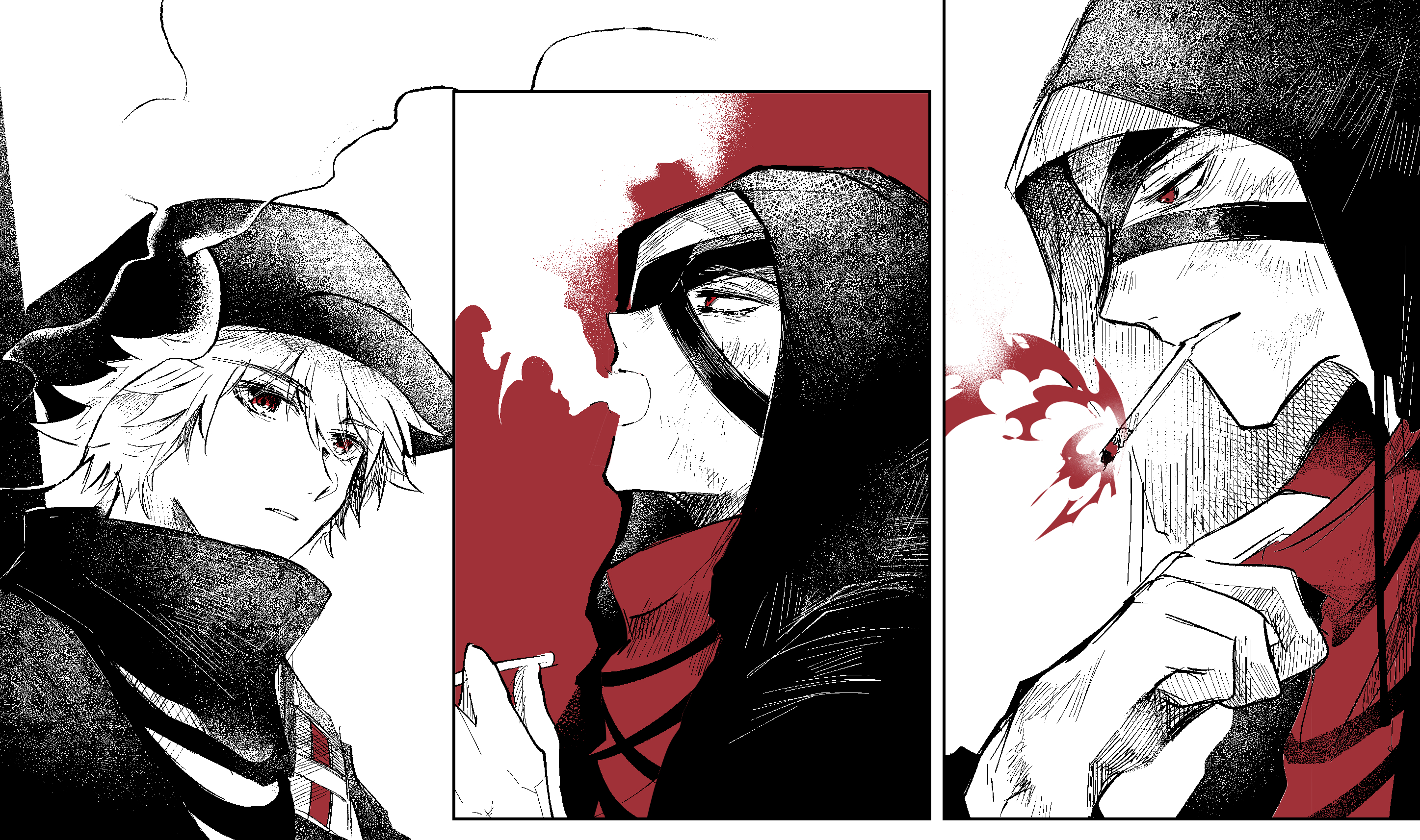 2boys arknights cigarette hair_between_eyes hand_up hateful_avenger_(arknights) highres jacket male_focus mouth_hold multiple_boys oonohara_kenya parted_lips red_(npc)_(arknights) red_eyes shirt simple_background smoke smoking spot_color white_background