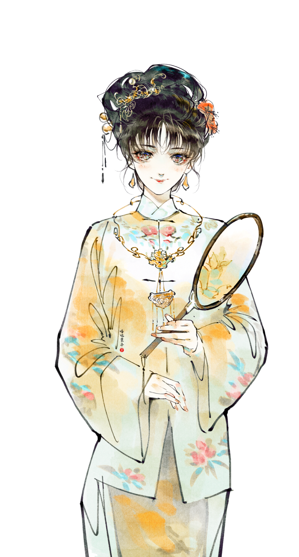 1girl aoqun black_hair changmingsuo chinese_clothes chinese_commentary cowboy_shot earrings flower hair_flower hair_ornament hand_fan hanfu highres jewelry long_sleeves miaodalizi orange_hanfu original red_lips solo tuanshan white_background wide_sleeves