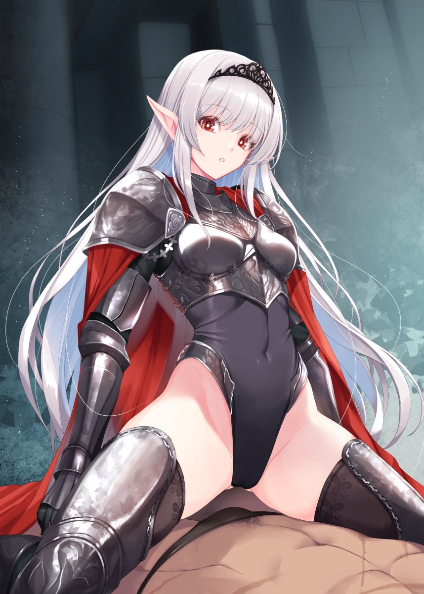 1boy 1girl armor black_leotard black_thighhighs black_tiara breastplate breasts bright_pupils cape commentary_request covered_navel elf gauntlets girl_on_top gluteal_fold hair_between_eyes highleg highleg_leotard highres kirishima_satoshi leg_armor leotard leotard_under_clothes long_hair looking_at_viewer medium_breasts original parted_lips pointy_ears red_cape red_eyes shoulder_plates solo_focus spread_legs thigh_armor thighhighs thighs tiara very_long_hair white_pupils