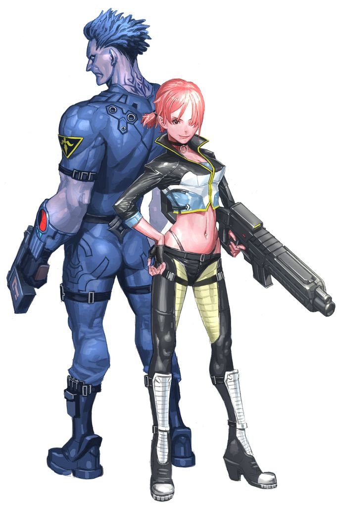 1boy 1girl animification back-to-back bad_cghub_id bad_id blue_hair blue_skin boots choker colored_skin crop_top cropped_jacket fingerless_gloves gloves gun hair_over_one_eye hand_on_own_hip hip_focus jessica_cannon john_blade midriff navel pink_hair sin_(game) smile weapon