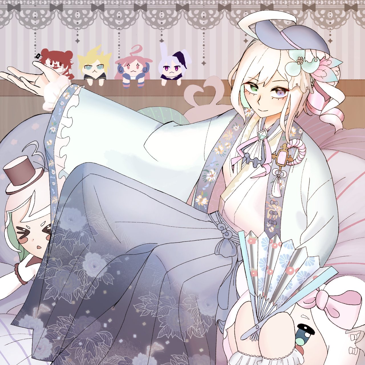 1boy ahoge bed blue_eyes blue_flower blue_hat blue_skirt character_doll closed_mouth doll floral_print flower flower_(vocaloid) flower_(vocaloid3) folding_fan fukase green_eyes hair_flower hair_ornament hair_ribbon hakama hakama_skirt hand_fan hand_up hat heterochromia highres japanese_clothes kagamine_len kimono langis16 looking_at_viewer male_focus pillow pink_ribbon print_folding_fan ribbon sf-a2_miki short_hair sitting skirt smile stuffed_toy utatane_piko vocaloid white_hair white_kimono white_ribbon wide_sleeves