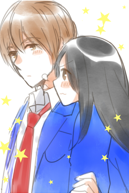 1boy 1girl bad_id bad_pixiv_id blush brown_eyes brown_hair dress_shirt joujima_yuuki kamen_rider kamen_rider_meteor kotono long_hair necktie school_uniform shirt star_(symbol) utahoshi_kengo
