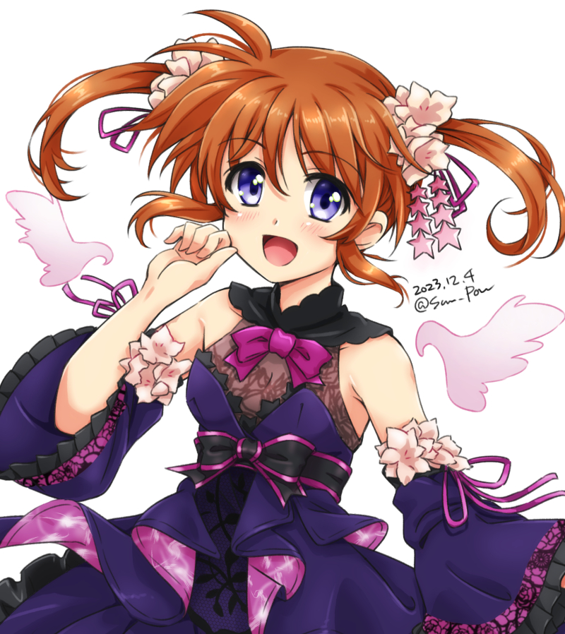 1girl bare_shoulders blue_eyes detached_sleeves looking_at_viewer lyrical_nanoha lyrical_store mahou_shoujo_lyrical_nanoha open_mouth orange_hair san-pon smile solo takamachi_nanoha