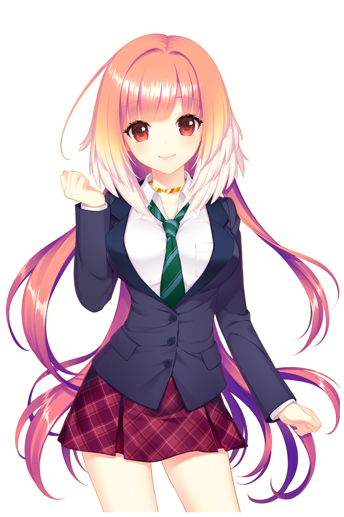 1girl blue_jacket breasts frilled_skirt frills green_neckwear hand_up highres jacket large_breasts looking_at_viewer official_art pink_hair red_eyes red_skirt school_uniform selena_(soccer_spirits) shirahane_nao skirt soccer_spirits transparent_background
