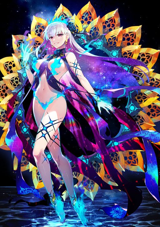 1girl anklet bare_shoulders barefoot between_breasts black_background blue_fire breasts colored_inner_hair earrings fate/grand_order fate_(series) fiery_clothing fire fire_censor flaming_foot flaming_hand floating_clothes floating_hair flower full_body game_cg grin hair_flower hair_ornament hair_ribbon hand_up jewelry kama_(fate) kama_(swimsuit_avenger)_(third_ascension)_(fate) large_breasts long_hair looking_at_viewer multicolored_hair nail_polish narrow_waist navel official_art pink_nails purple_ribbon red_eyes redrop revealing_clothes ribbon single_sidelock smile solo starry_hair teeth third-party_source very_long_hair water white_hair