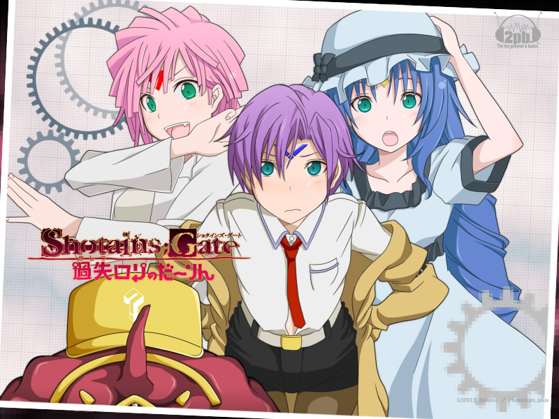 1boy 2girls 5pb. akito_(owata11) aqua_eyes banpresto baseball_cap belt blush bow brain coat collarbone cosplay despinis dress drill_hair duminass fang frown gears hands_on_own_hips hashida_itaru hashida_itaru_(cosplay) hat iori_junpei lab_coat lalia laliar long_hair makise_kurisu makise_kurisu_(cosplay) multiple_girls necktie nitroplus okabe_rintarou okabe_rintarou_(cosplay) pantyhose pantyhose_under_shorts parody pink_hair purple_hair red_necktie ribbon science_adventure shiina_mayuri shiina_mayuri_(cosplay) short_hair shorts steins;gate super_robot_wars super_robot_wars_original_generation super_robot_wars_original_generation_gaiden super_robot_wars_reversal tis_(srw)