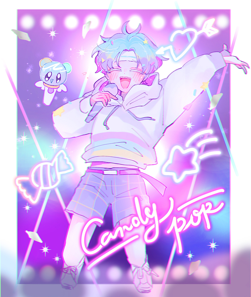 1boy blue_eyes blue_hair blue_shorts commentary commentary_request concert cookie_run cookie_run:_ovenbreak happy holding holding_microphone hood hood_down hoodie humanization mamimumemo microphone multicolored_hair music open_mouth personification popping_candy_cookie purple_hair shorts singing smile solo spotlight stage two-tone_hair white_hoodie