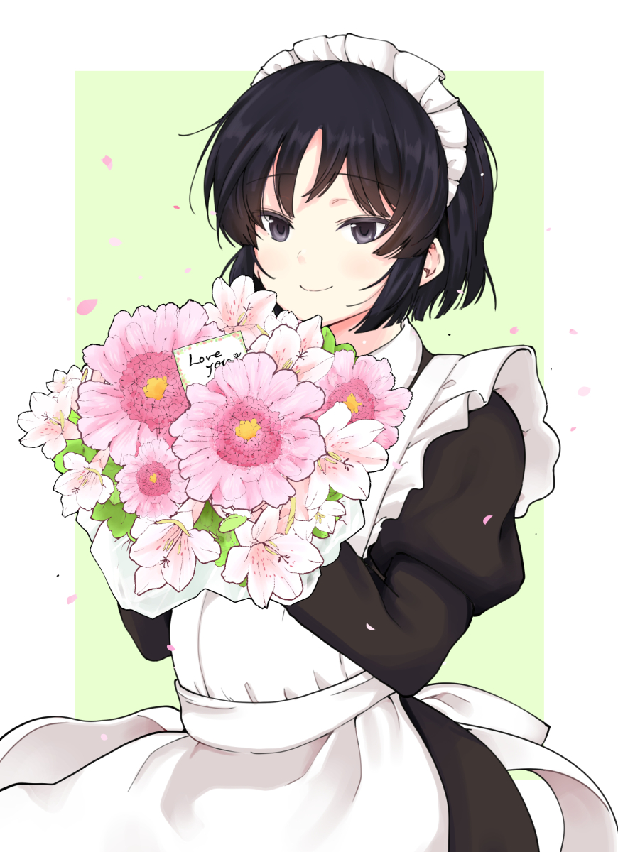1girl apron black_dress black_eyes black_hair border bouquet closed_mouth cowboy_shot dress falling_petals flower frilled_apron frills green_background hashtag-only_commentary highres holding holding_bouquet juliet_sleeves kujou_meika long_sleeves maid maid_day maid_headdress meika-san_wa_oshikorosenai outside_border petals pink_flower pink_petals puffy_sleeves saitou_shouki short_hair smile solo white_apron white_border