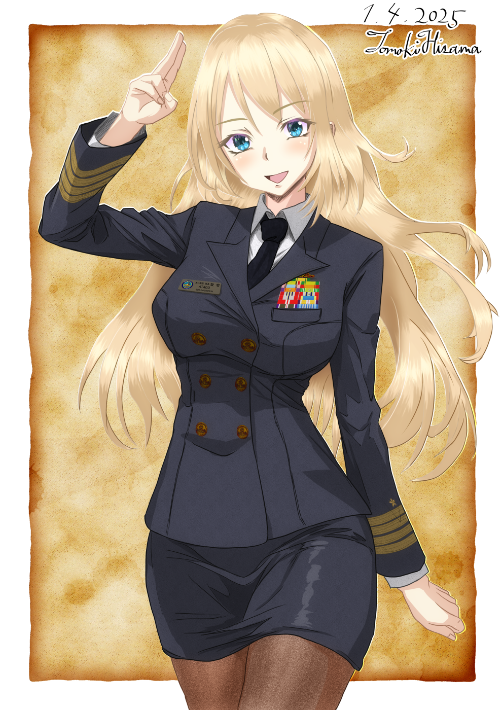 1girl alternate_costume atago_(kancolle) black_jacket black_necktie black_skirt blonde_hair blue_eyes breasts buttons collared_shirt dated double-breasted highres hisamatomoki jacket japan_maritime_self-defense_force japan_self-defense_force kantai_collection large_breasts long_hair long_sleeves looking_at_viewer military military_dress_uniform military_rank_insignia military_uniform naval_dress_uniform naval_uniform necktie one-hour_drawing_challenge open_mouth pantyhose ribbon_bar shirt signature skirt smile solo white_shirt