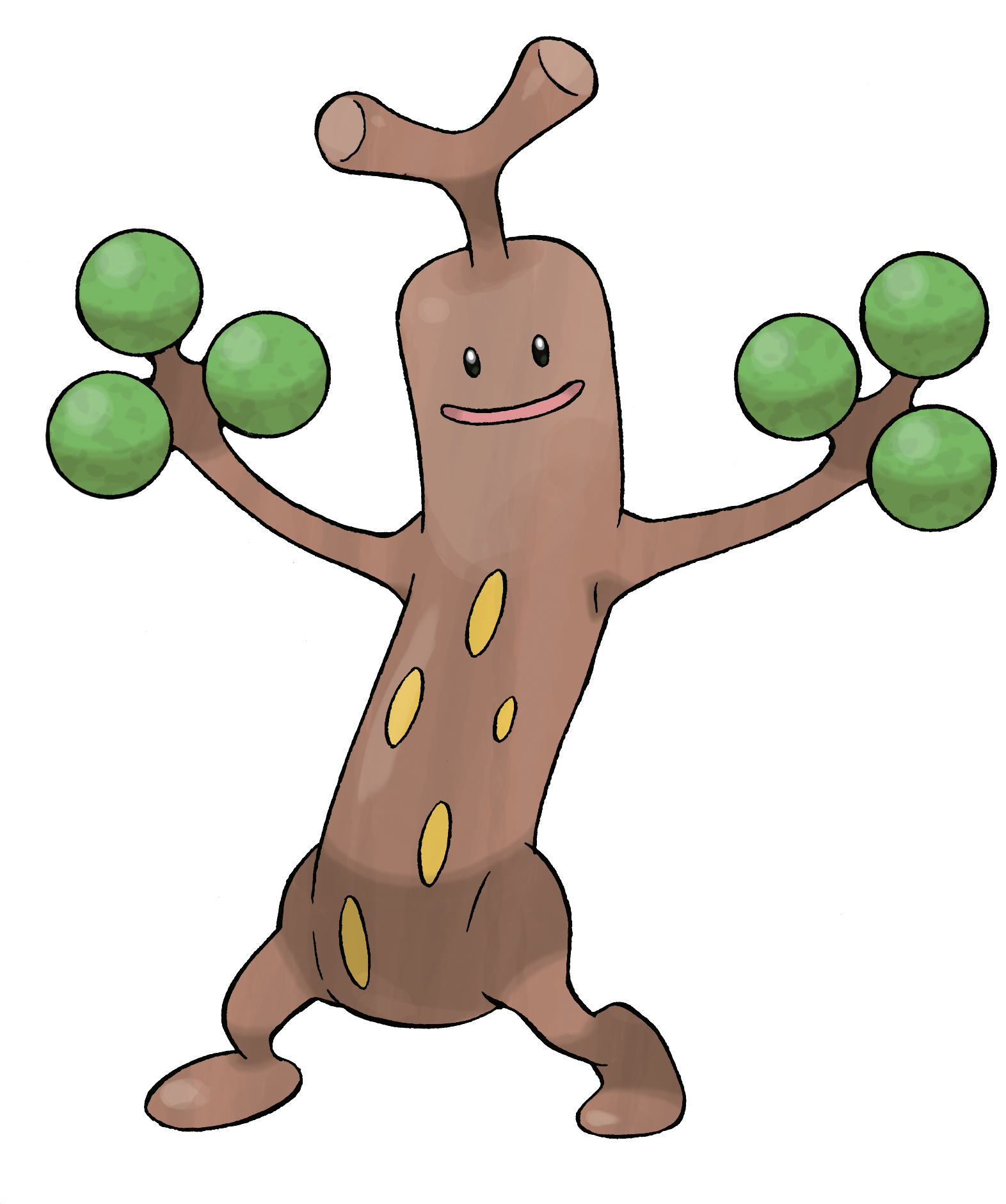arms_up full_body gen_2_pokemon highres looking_at_viewer nintendo no_humans official_art open_mouth pokemon pokemon_(creature) pokemon_focus pokemon_hgss smile solo standing sudowoodo sugimori_ken third-party_source transparent_background