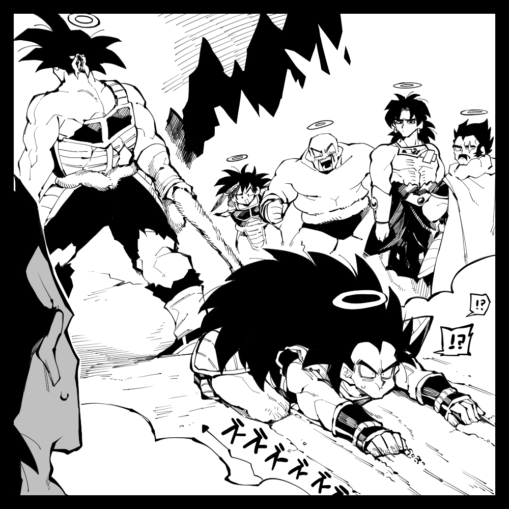 ! !? 6+boys ? armor bald bandaged_chest bandana bardock black_border border bracer broken_armor broly_(dragon_ball_z) commentary_request dragging dragon_ball dragonball_z facial_hair father_and_son halo haseko123 long_hair male_focus missing_eye monkey_boy monkey_tail monochrome multiple_boys muscular muscular_male mustache nappa pants paragus_(dragon_ball_z) parent_and_child puffy_cheeks pulling_tail raditz saiyan saiyan_armor scar scar_across_eye scar_on_face short_hair speech_bubble spiked_hair spoken_exclamation_mark spoken_question_mark sweatdrop tail tail_around_waist toma_(dragon_ball) topless_male torn_clothes torn_pants tullece wide-eyed widow&#039;s_peak