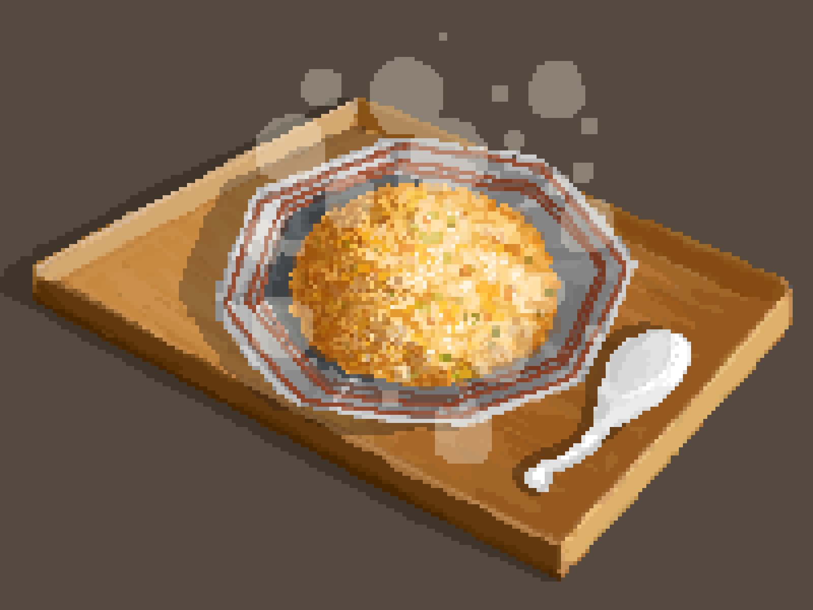 food food_focus fried_rice grey_background highres hisachan55cute no_humans original pixel_art plate rice simple_background spoon steaming_food still_life wooden_tray