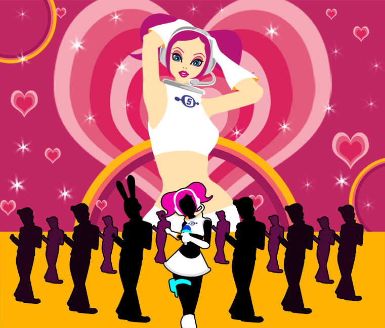 1girl 6+boys animal_ears arch blue_eyes body_control breasts circle commentary crop_top d_(pixiv544157) dancing eyelashes eyeshadow feel_the_magic gloves hands_on_own_head headset heart holding holding_microphone imitating letter_print lips lipstick looking_at_viewer makeup medium_hair microphone midriff multiple_boys navel pink_eyebrows pink_eyeshadow pink_hair pose_imitation rabbit_ears sega silhouette space_channel_5 sparkle strap thigh_strap twintails ulala white_gloves