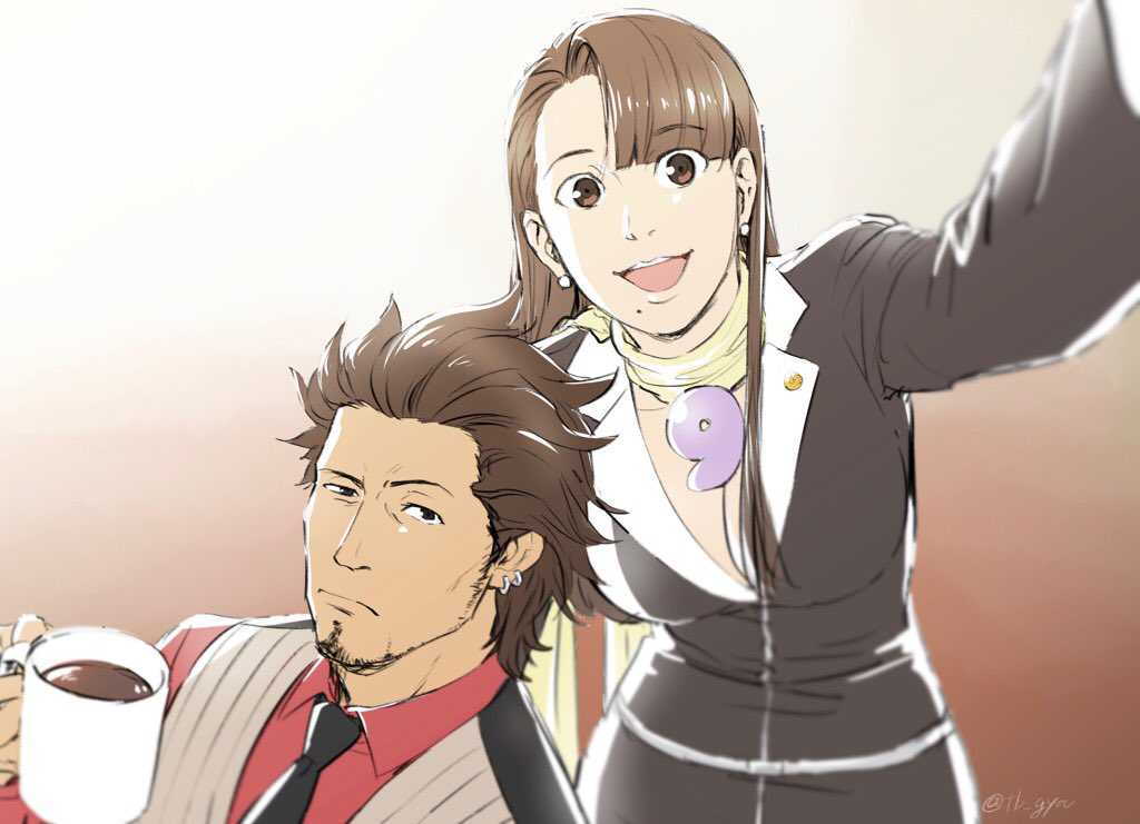 1boy 1girl :d ace_attorney arm_up asymmetrical_bangs black_jacket black_necktie blunt_bangs breasts brown_hair cleavage closed_mouth coffee coffee_mug collared_shirt commentary_request cup diego_armando earrings facial_hair formal_clothes frown gradient_background holding holding_cup jacket jewelry large_breasts long_hair long_sleeves looking_at_viewer magatama magatama_necklace mia_fey mole mole_under_mouth mug necklace necktie open_mouth outstretched_arm phoenix_wright:_ace_attorney_-_trials_and_tribulations red_shirt scarf selfie shirt short_hair skirt skirt_suit smile stubble suit taba_(tb_gya) upper_body vest white_vest yellow_scarf