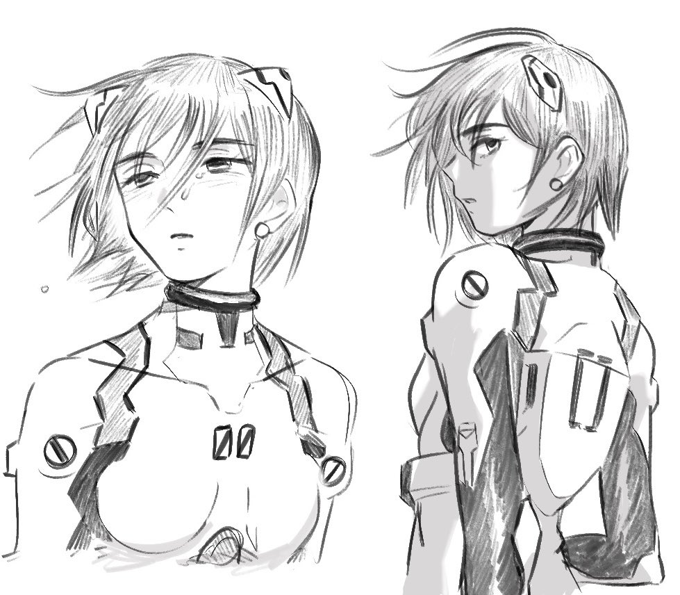 1girl alien_stage ayanami_rei ayanami_rei_(cosplay) bob_cut commentary cosplay greyscale looking_to_the_side mecha_pilot_suit monochrome motii multiple_views neon_genesis_evangelion parted_lips short_hair sketch sua_(alien_stage) symbol-only_commentary