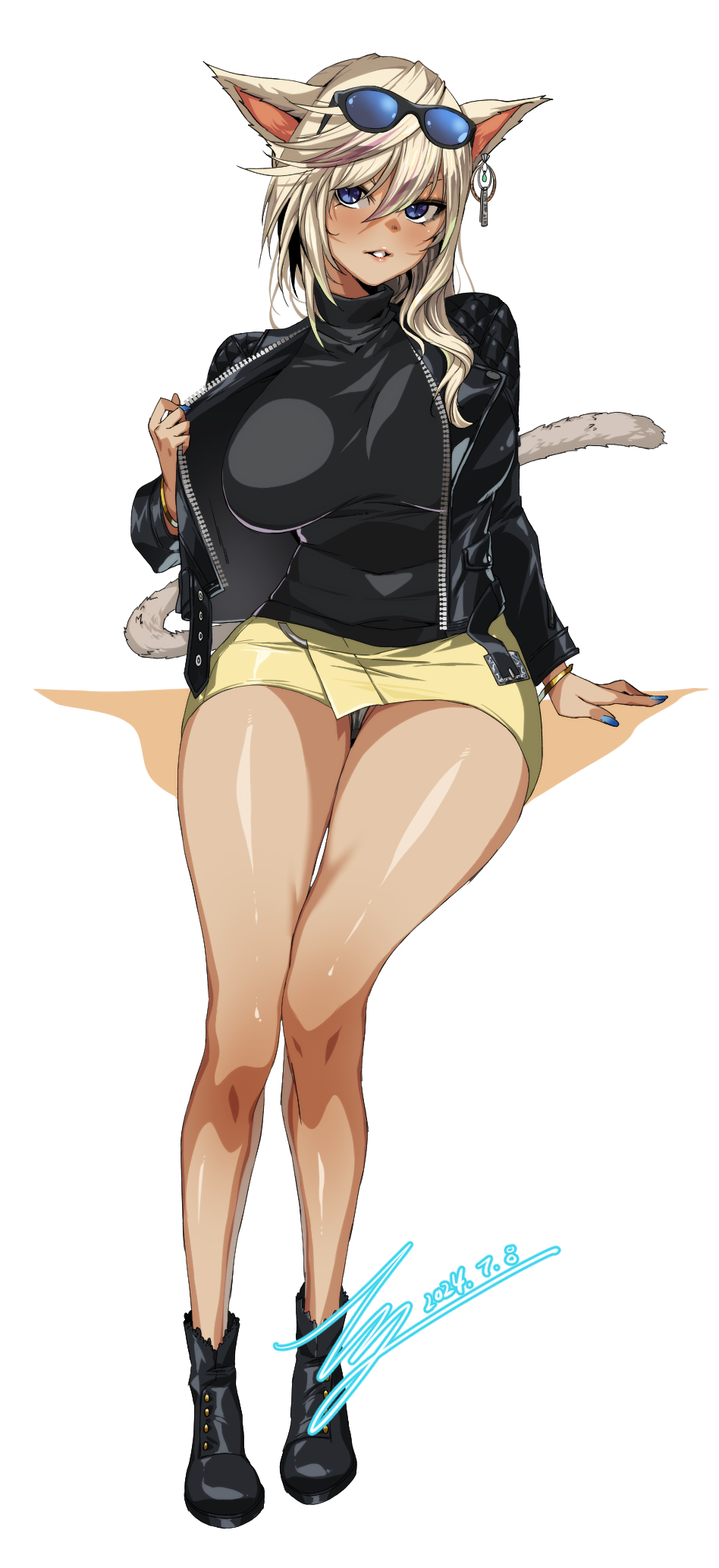 1girl animal_ears black_boots black_shirt blonde_hair blue_eyes boots bracelet breasts cat_ears cat_tail commission earrings eyewear_on_head final_fantasy final_fantasy_xiv full_body gyaru highres jacket jewelry large_breasts leather leather_boots leather_jacket lipstick looking_at_viewer makeup medium_hair miqo&#039;te multicolored_hair nail_polish onee_gyaru open_mouth panties pantyshot pixiv_commission rantia shirt shorts signature simple_background single_earring sitting solo streaked_hair sunglasses tail tan teeth underwear warrior_of_light_(ff14) white_background yellow_shorts