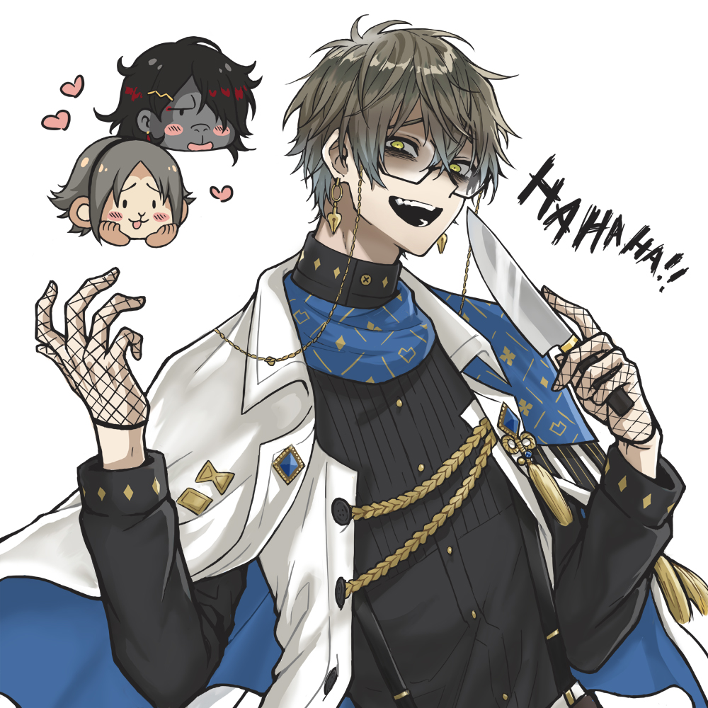 3boys bags_under_eyes black-framed_eyewear black_shirt black_suspenders cape chibi chibi_inset crazy_laugh earrings fishnet_gloves fishnets glasses gloves grey_hair head_only heart holding holding_knife holding_weapon ike_eveland jewelry knife laughing layered_clothes long_sleeves looking_at_viewer male_focus monotsuki multiple_boys mysta_rias nijisanji nijisanji_en open_mouth semi-rimless_eyewear shirt suspenders teeth two-sided_cape two-sided_fabric upper_teeth_only virtual_youtuber vox_akuma weapon yellow_eyes