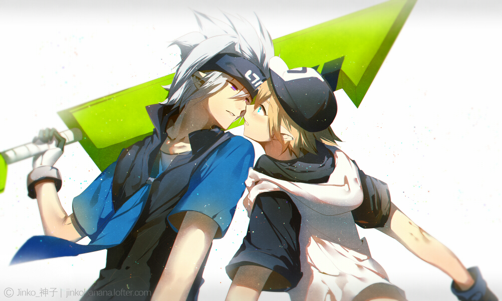 2boys aotu_world artist_name baseball_cap black_gloves black_hat black_headband black_shirt blonde_hair blue_eyes blue_necktie collarbone earrings eye_contact gloves grey_(aotu_world) grey_hair hair_between_eyes hat headband holding holding_sword holding_weapon hood hood_down hooded_jacket hoodie jacket jewelry jinkoika king_(aotu_world) looking_at_another male_focus multiple_boys necktie parted_lips profile purple_eyes shirt short_hair short_sleeves simple_background spiked_hair sword upper_body vest watermark weapon white_background white_gloves white_hair white_hoodie yaoi