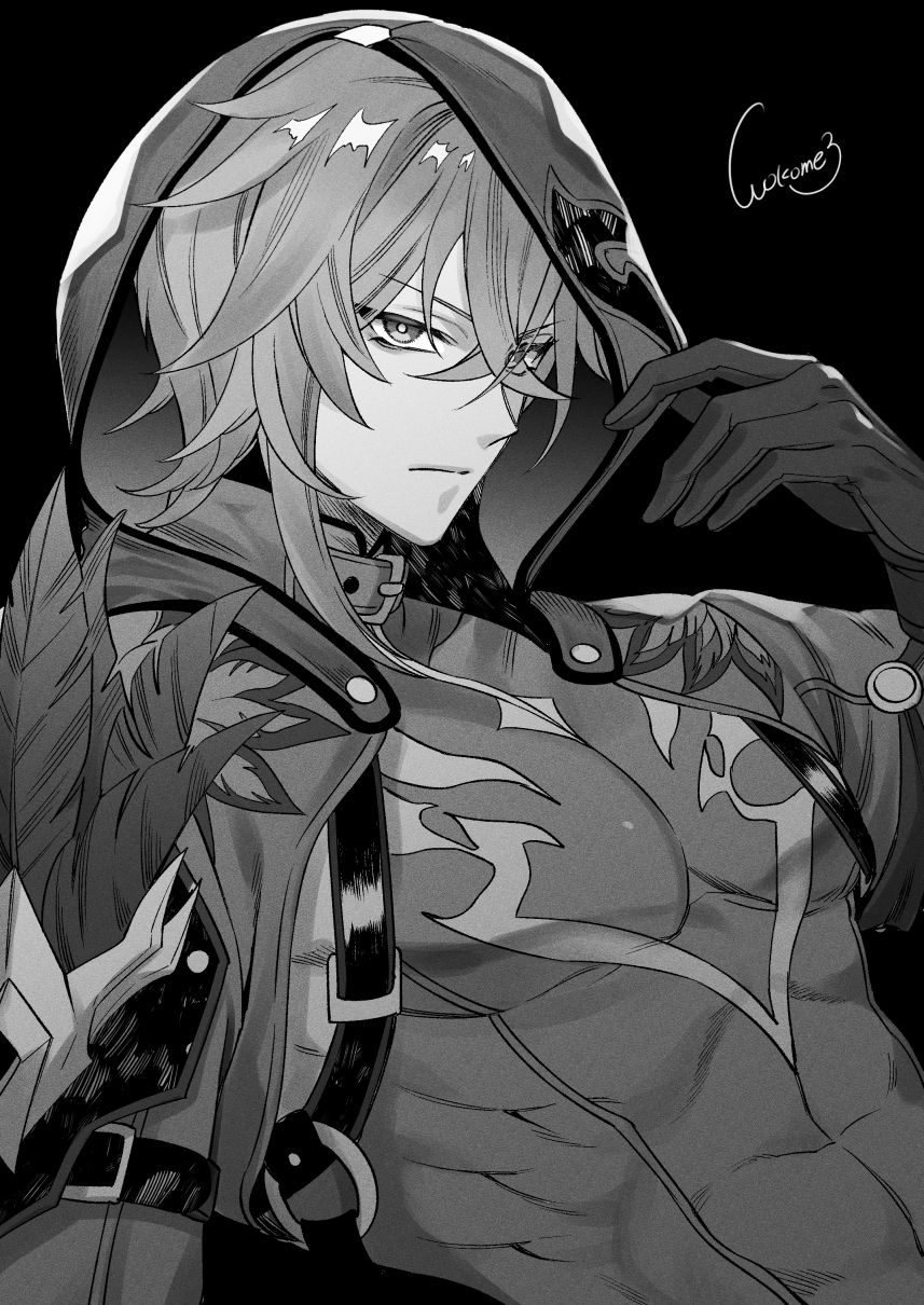 1boy arm_belt arm_up belt belt_buckle black_background buckle closed_mouth compression_shirt covered_abs covered_pectorals cropped_jacket crossed_bangs dutch_angle gloves greyscale hair_between_eyes highres honkai:_star_rail honkai_(series) hood hood_up hooded_jacket jacket looking_ahead male_focus monochrome moze_(honkai:_star_rail) open_clothes open_jacket pectorals plume short_hair signature simple_background solo upper_body wokome