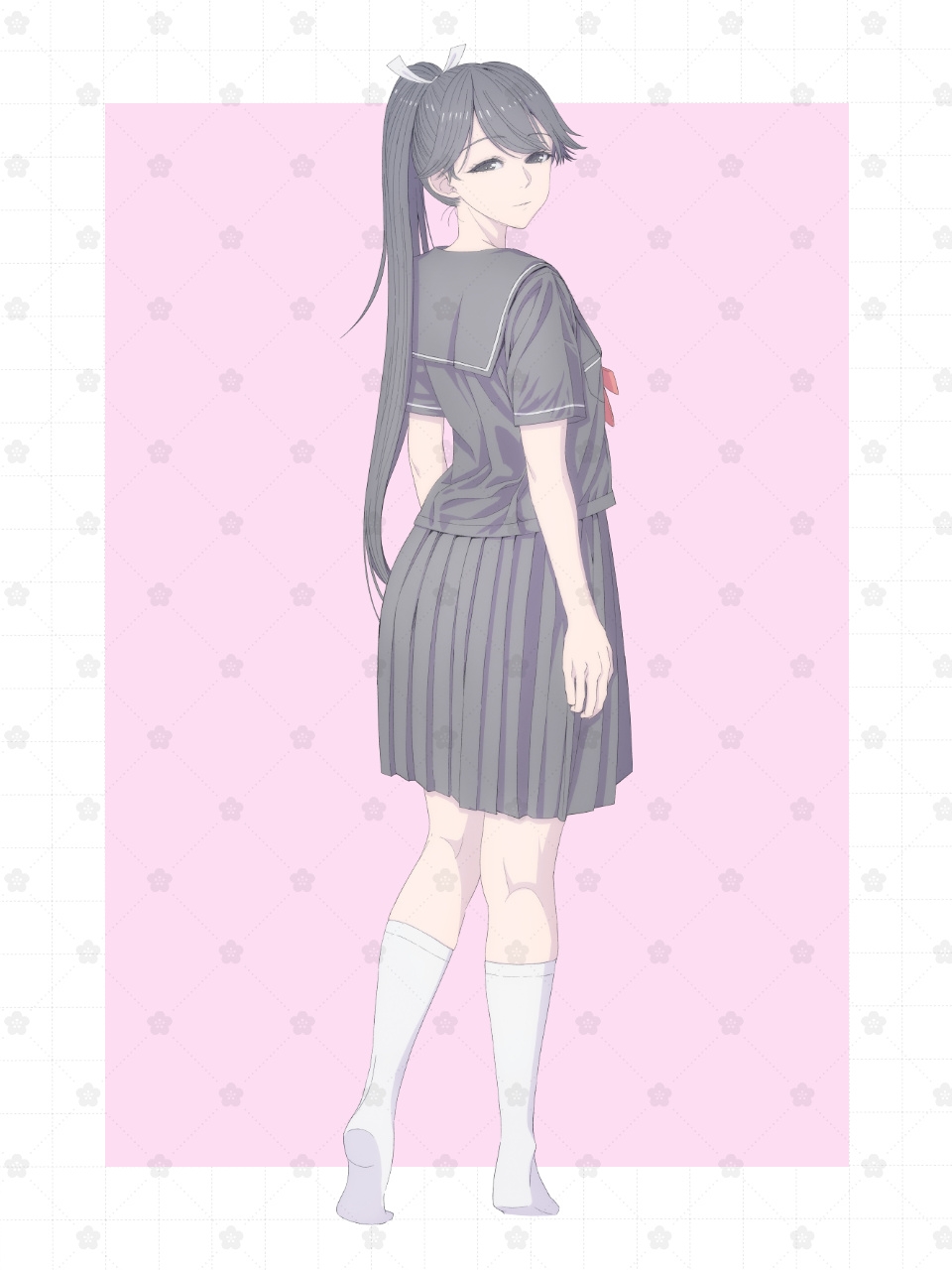 1girl alternate_costume bad_source black_eyes black_hair black_sailor_collar black_serafuku black_shirt black_skirt closed_mouth from_behind full_body hair_ribbon highres houshou_(kancolle) kantai_collection long_hair looking_at_viewer looking_back neckerchief no_shoes paid_reward_available pleated_skirt ponytail red_neckerchief ribbon sailor_collar school_uniform serafuku shirt skirt solo standing thighhighs white_ribbon white_thighhighs yuichi_(sp_sakura_yoshi)