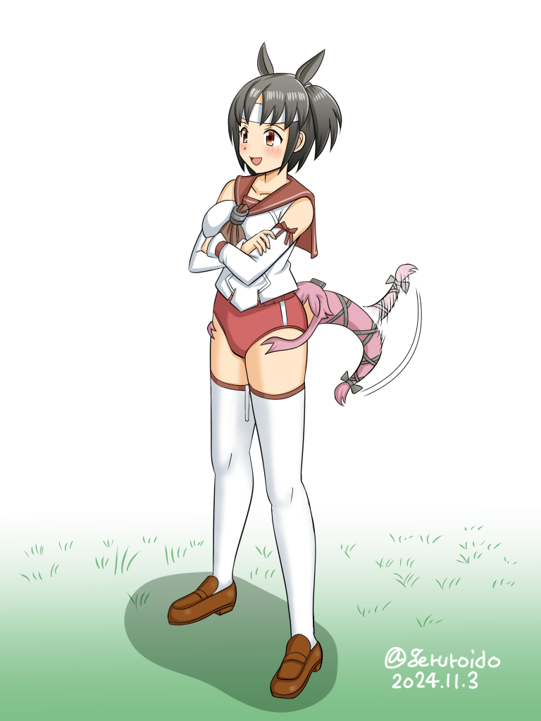 1girl animal_ears black_hair breasts brown_eyes buruma commentary_request crossed_arms dated detached_sleeves full_body geru horse_ears kantai_collection medium_breasts nagara_(kancolle) red_buruma red_sailor_collar sailor_collar sailor_shirt shirt short_hair side_ponytail simple_background sleeveless sleeveless_shirt solo twitter_username umamusume white_background yura_(kancolle) yura_(snake)