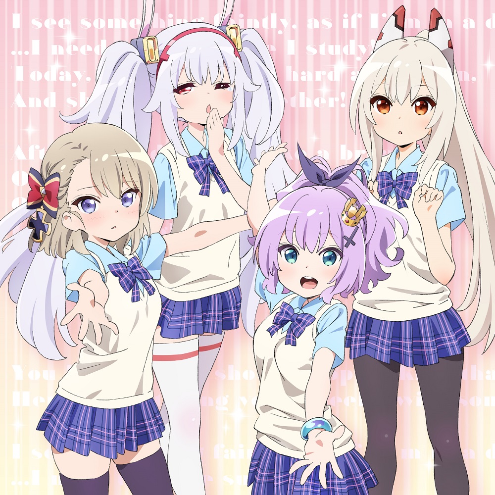 4girls :d ;o album_cover animal_ears aqua_eyes arm_up artist_request ayanami_(azur_lane) azur_lane black_legwear blue_eyes blue_skirt bow bowtie commentary_request cover cross crown fake_animal_ears grey_hair hair_bow hair_ornament hair_ribbon hairband hairpin hand_to_own_mouth headgear iron_cross javelin_(azur_lane) javelin_(slow_ahead!)_(azur_lane) laffey_(azur_lane) long_hair mini_crown multiple_girls official_alternate_costume official_art one_eye_closed open_mouth orange_eyes pantyhose parted_lips pleated_skirt ponytail purple_hair rabbit_ears red_eyes ribbon school_uniform shirt short_hair sidelocks skirt sleepy smile thighhighs twintails vest white_hair white_legwear yawning z23_(azur_lane) zettai_ryouiki