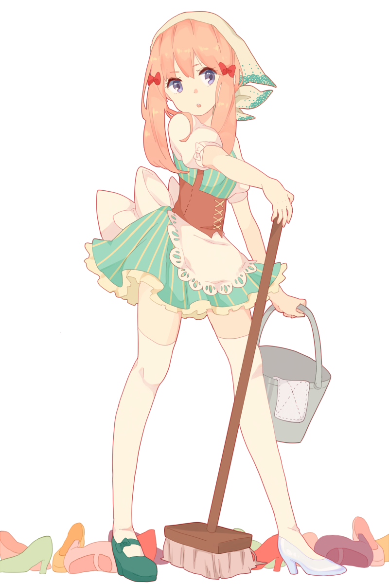 1girl asymmetrical_footwear bad_id bad_pixiv_id broom cinderella_(character) cinderella_(fairy_tale) cinderella_(fairy_tale_character) cleaning_rag female_focus full_body glass_slipper hair_ornament headscarf headwear_request high_heels highres kise_(swimmt) looking_at_viewer mary_janes mismatched_footwear original princess_royale puffy_short_sleeves puffy_sleeves shoes short_sleeves solo standing thighhighs white_thighhighs yellow_headscarf zettai_ryouiki