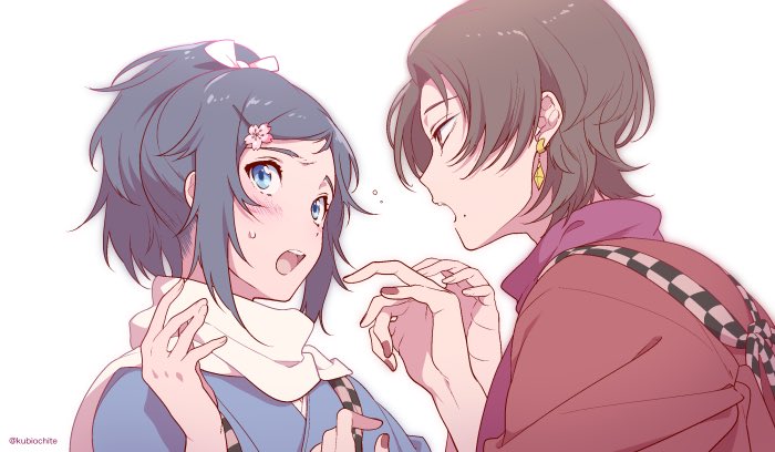 10s 2boys blue_eyes blue_hair blush brown_hair dalc_rose earrings embarrassed hair_ornament hair_ribbon hairpin japanese_clothes jewelry kashuu_kiyomitsu kimono male_focus mole mole_under_mouth multiple_boys nail_polish red_eyes ribbon scarf simple_background sweatdrop touken_ranbu touken_ranbu:_hanamaru twitter_username white_background yamato-no-kami_yasusada