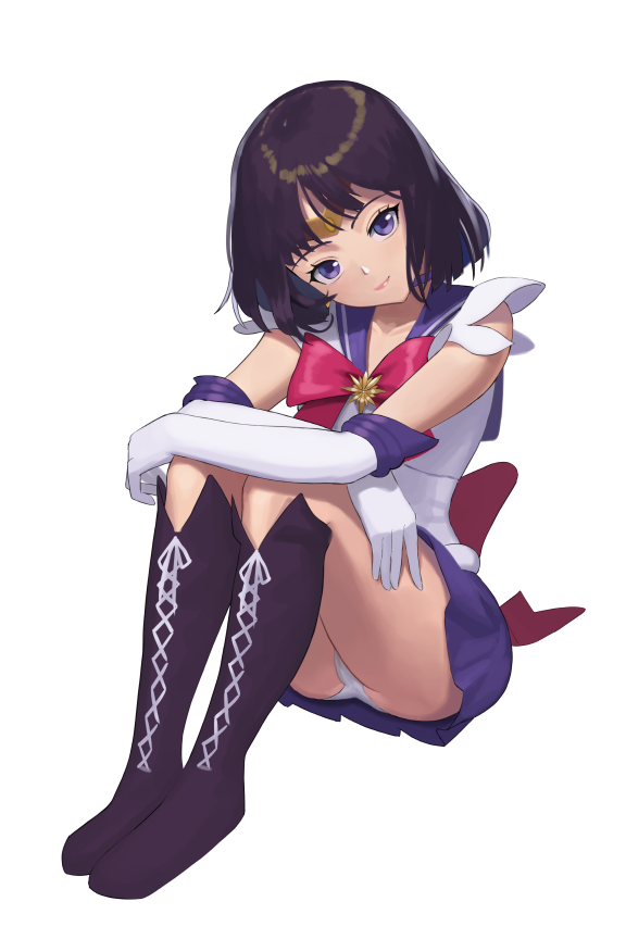 1girl back_bow bishoujo_senshi_sailor_moon black_hair boots bow brooch choker circlet closed_mouth elbow_gloves female_focus full_body gloves head_tilt jewelry knee_boots lace-up_boots leotard looking_at_viewer lud magical_girl panties pantyshot pleated_skirt purple_boots purple_eyes purple_neckwear purple_sailor_collar purple_skirt red_bow sailor_collar sailor_saturn sailor_senshi_uniform short_hair simple_background sitting skirt smile solo star_brooch tomoe_hotaru underwear white_background white_gloves