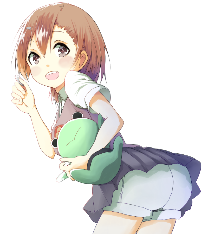 10s 1girl 2014 ass blush brown_eyes brown_hair coin female_focus frog from_side gekota hair_ornament hairclip happy leaning_forward looking_at_viewer looking_back matching_hair/eyes miniskirt misaka_mikoto open_mouth school_uniform short_hair shorts shorts_under_skirt skirt smile solo standing stuffed_animal stuffed_frog stuffed_toy summer_uniform thighs toaru_kagaku_no_railgun toaru_majutsu_no_index tokiwadai_school_uniform tsuru_(tsubasa1993621) upskirt white_background