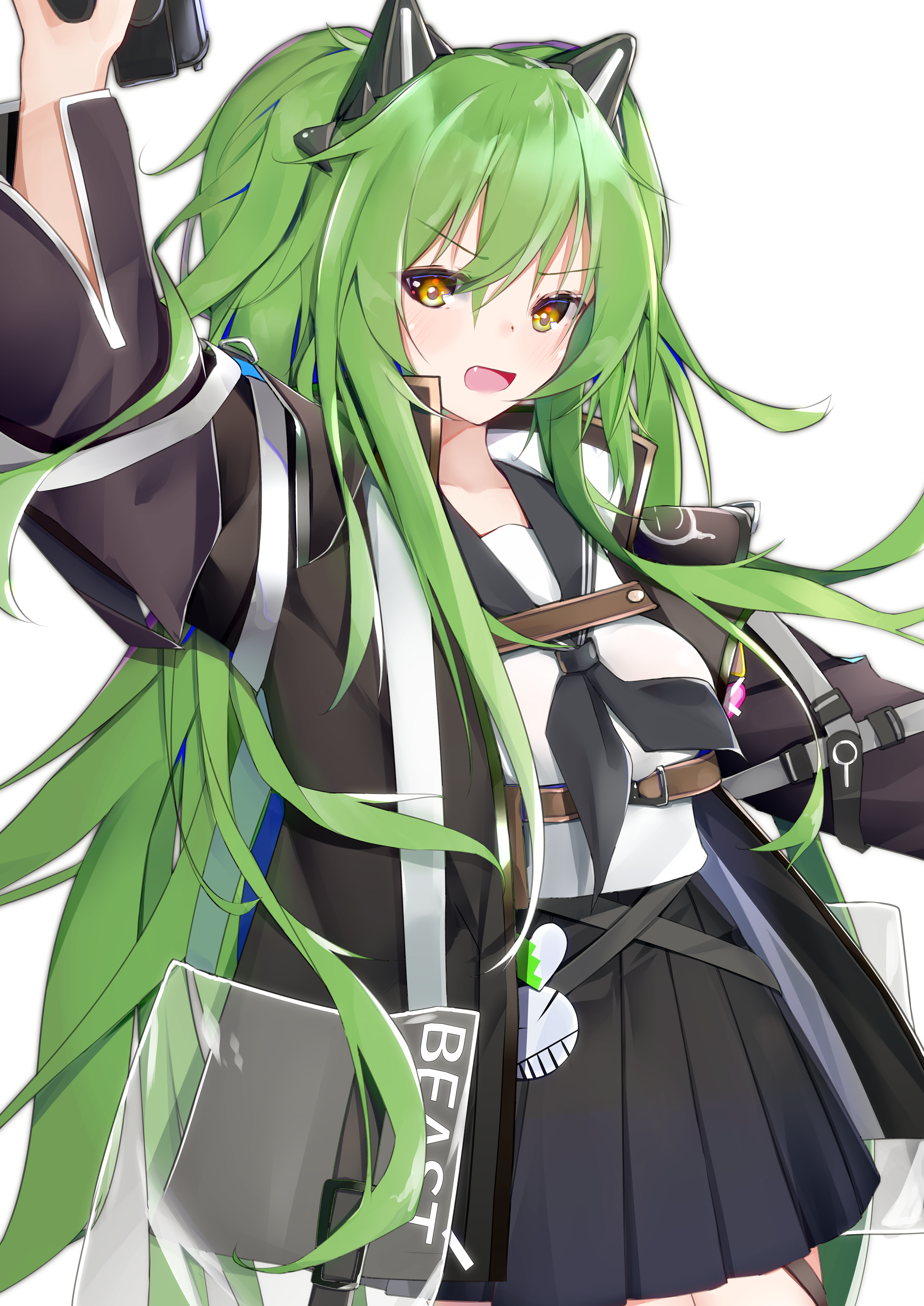 1girl absurdres animal_ears calico_light_weapons_systems calico_m950 calico_m950a cheek_pistol double-stack_magazine fake_animal_ears girls'_frontline green_hair gun handgun helical_magazine high-capacity_magazine highres holding holding_gun holding_weapon jacket kotoha_(kotoha65) long_hair m950a_(girls'_frontline) m950a_(mod3)_(girls'_frontline) machine_pistol mod3_(girls'_frontline) open_mouth pistol school_uniform solo very_long_hair weapon white_background yellow_eyes