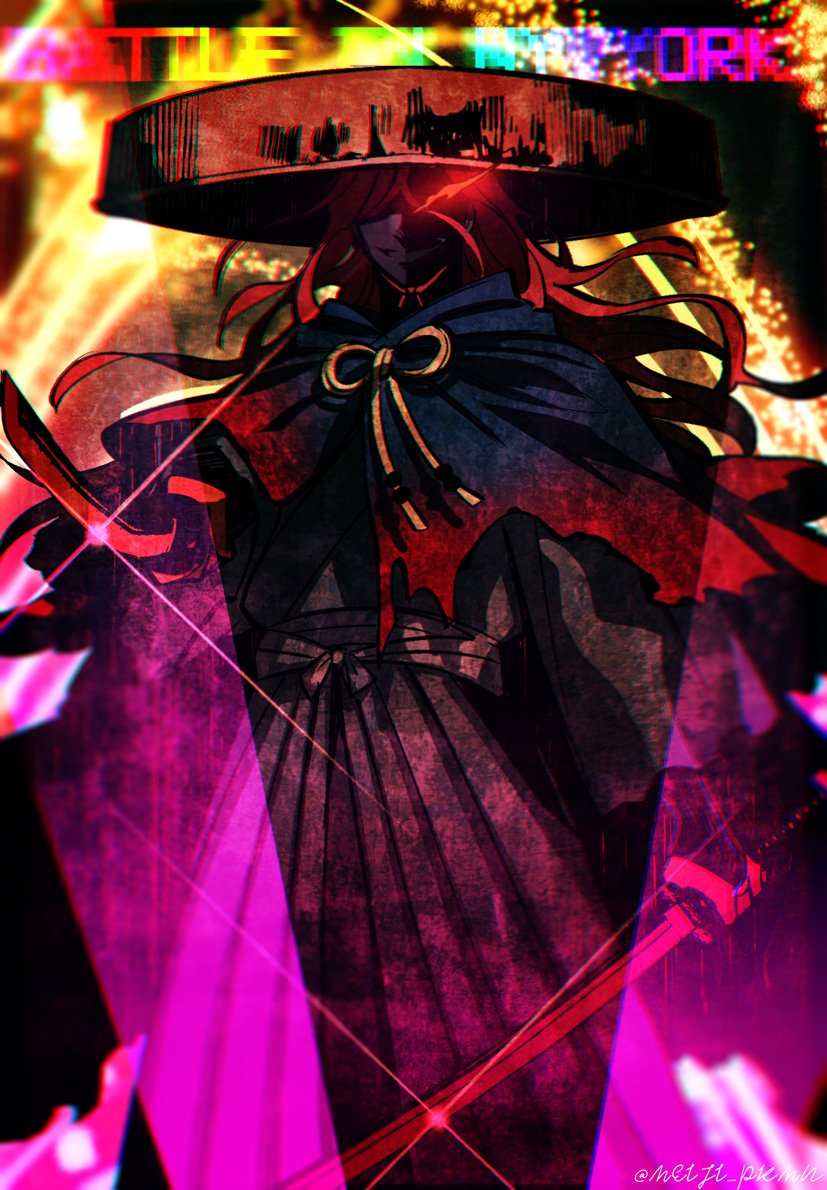 1boy ajirogasa english_text evil_smile fate/grand_order fate_(series) glowing glowing_eye hat holding holding_sword holding_weapon japanese_clothes katana long_hair male_focus meiji_ken okada_izou_(fate) okada_izou_(second_ascension)_(fate) red_hair sandogasa shaded_face smile solo spotlight sword twitter_username weapon