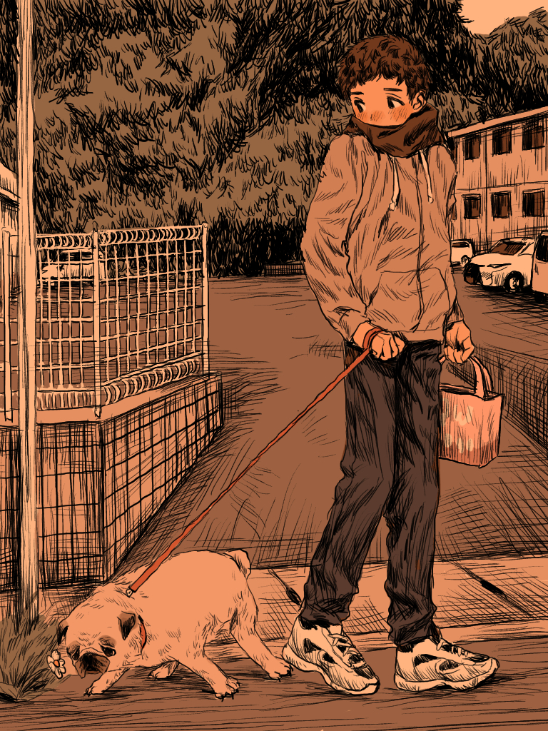 1boy a3dyqtlpqjcuqvs animal bag black_eyes black_pants brown_hair brown_jacket brown_theme building car fence flower full_body grey_shoes holding holding_bag holding_leash hood hooded_jacket jacket leash long_sleeves looking_at_animal male_focus motor_vehicle original outdoors pants pet_walking pug railing shoes short_hair slice_of_life sneakers solo standing walking white_car