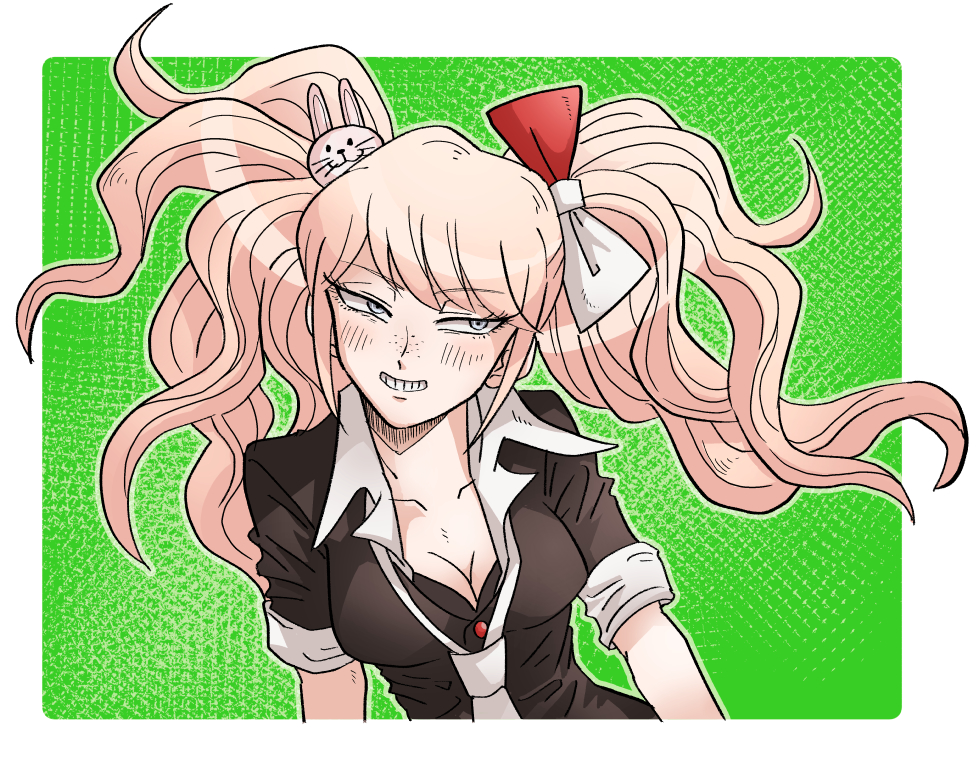 1girl black_shirt blonde_hair blush border bow breasts cleavage collarbone cosplay danganronpa:_trigger_happy_havoc danganronpa_(series) enoshima_junko enoshima_junko_(cosplay) freckles green_background grin hair_bow hair_ornament ikusaba_mukuro large_breasts rabbit_hair_ornament red_bow shirt short_sleeves smile teeth twintails uzu_(uzusio55) white_border white_bow