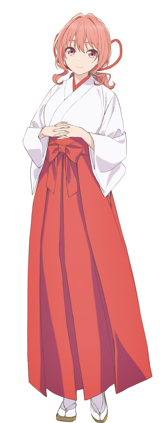 1girl amagami-san_chi_no_enmusubi amagami_yuna anime_coloring blush breasts closed_mouth full_body hair_between_eyes hair_ribbon hakama hakama_skirt highres iizuka_haruko japanese_clothes large_breasts long_skirt long_sleeves looking_at_viewer medium_hair miko official_art own_hands_together red_eyes red_hair red_hakama red_ribbon ribbon sandals simple_background skirt smile socks solo standing tachi-e transparent_background white_socks wide_sleeves zouri