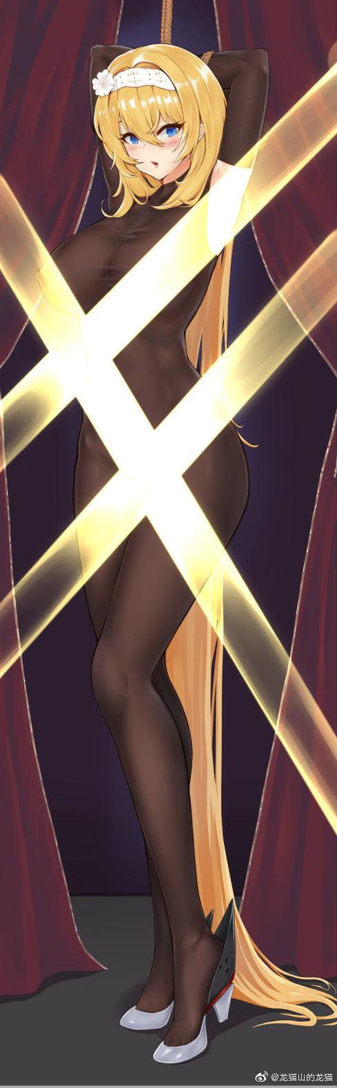 absurdly_long_hair armpits arms_behind_head bdsm blonde_hair blue_eyes blush bondage bound breasts duke_of_york_(warship_girls_r) elbow_gloves full_body gloves hair_between_eyes hair_intakes hairband halterneck hei_ling high_heels highres indoors large_breasts light_rays long_hair pantyhose shoes skin_tight tagme very_long_hair warship_girls_r watermark weibo_watermark white_shoes