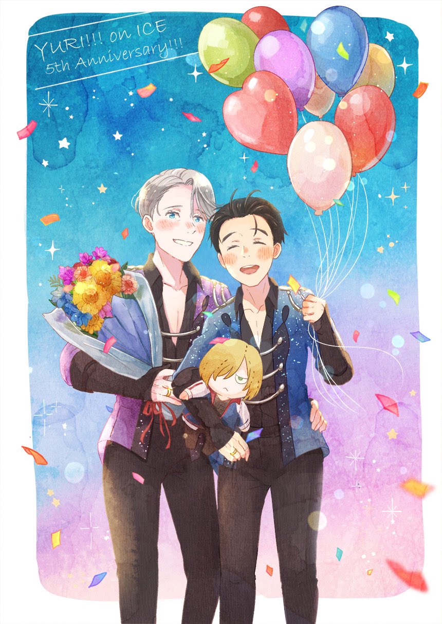 2boys ^_^ anniversary balloon black_hair black_pants black_shirt blue_eyes blush bouquet character_doll closed_eyes collared_shirt confetti copyright_name doll flower hair_slicked_back hand_on_another&#039;s_hip highres jewelry katsuki_yuuri male_focus multiple_boys open_mouth pants ring shirt silver_hair smile sparkle twc_(p-towaco) viktor_nikiforov yuri!!!_on_ice yuri_plisetsky