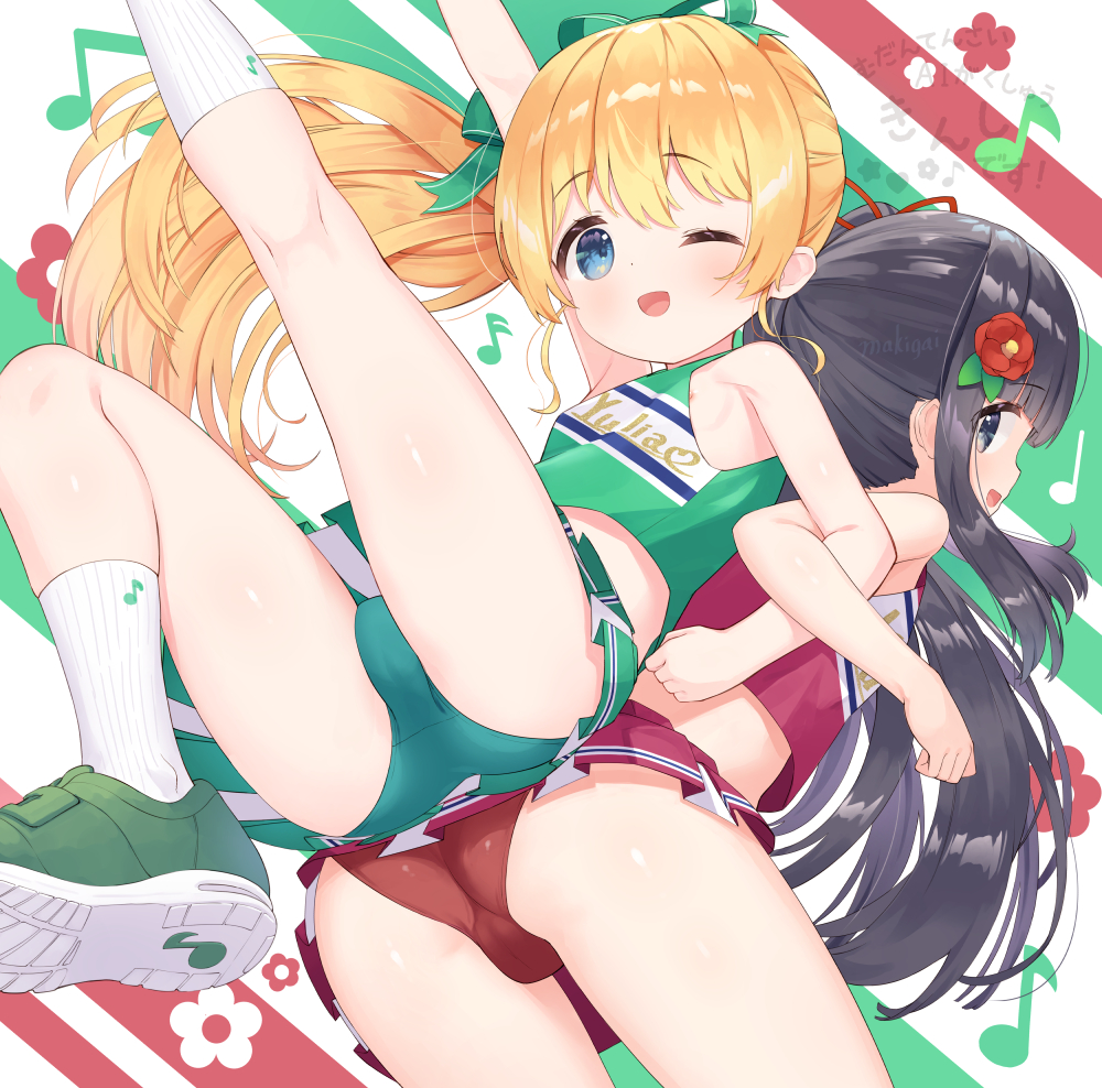 2girls arm_up ass ass-to-ass back-to-back black_hair blonde_hair blue_eyes buruma cheerleader commentary_request flower green_panties hair_ornament locked_arms long_hair makigai makino_yume makino_yuna multiple_girls one_eye_closed open_mouth original paid_reward_available panties ponytail shirt shoes skirt sleeveless sleeveless_shirt smile socks thighs underwear watermark