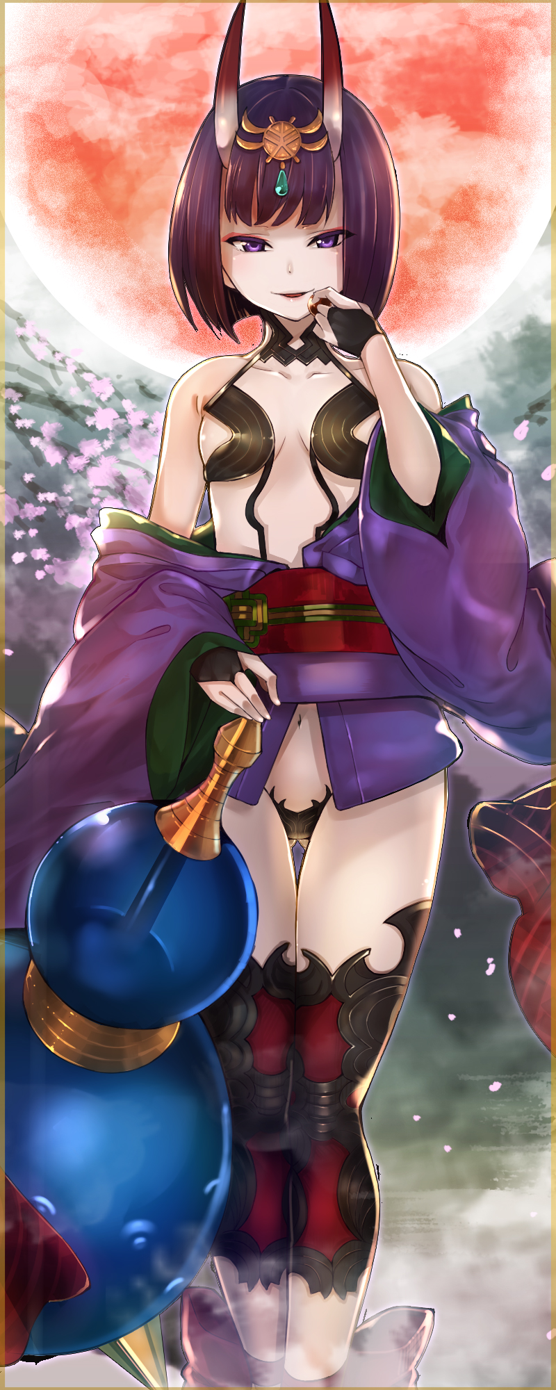 1girl bare_shoulders bob_cut breasts bridal_gauntlets cherry_blossoms collarbone eyeliner fate/grand_order fate_(series) full_moon gourd headpiece highres horns japanese_clothes kimono long_sleeves looking_at_viewer makeup moon navel obi off_shoulder oni parted_lips purple_eyes purple_hair purple_kimono red_moon reki_(dezuko) revealing_clothes sash short_hair shuten_douji_(fate) skin-covered_horns small_breasts smile thighs wide_sleeves