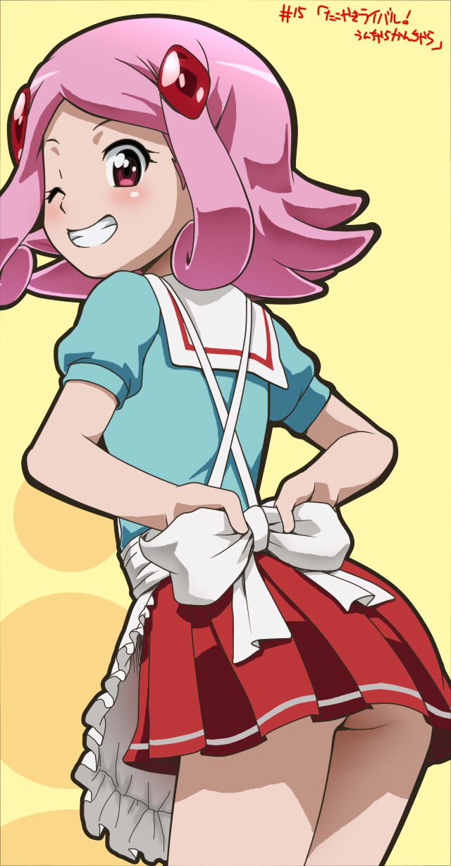 1girl apron ass awa blue_shirt hair_ornament hairclip highres looking_at_viewer one_eye_closed pink_eyes pink_hair puzzle_&amp;_dragons red_skirt shirt short_hair skirt smile solo uzuki_sakura