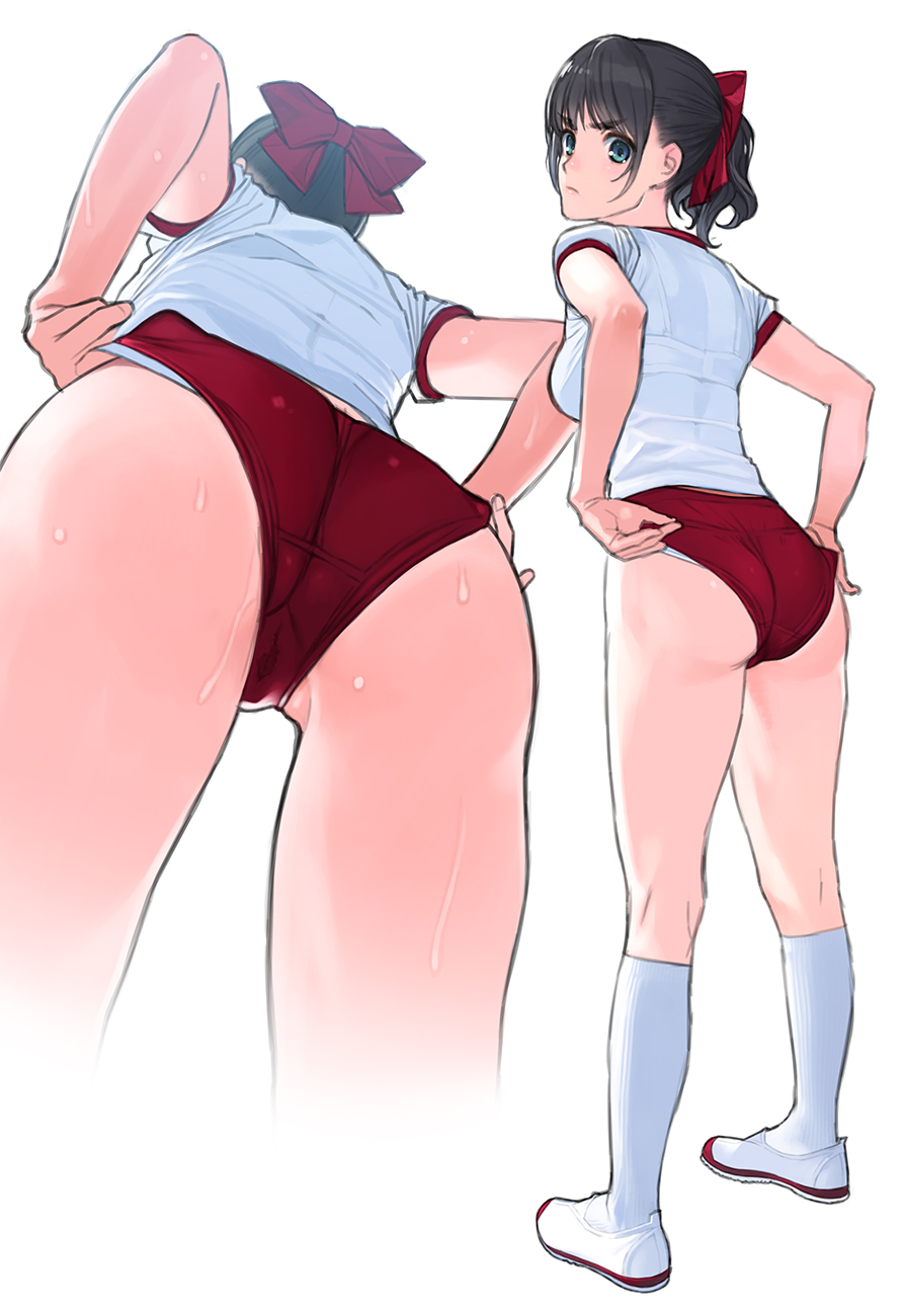 1girl adjusting_buruma adjusting_clothes adjusting_panties ass bow bralines buruma commentary_request cropped_legs facing_away from_behind frown full_body hair_bow highres kneehighs kneepits looking_at_viewer looking_back mibu_natsuki multiple_views original panties panties_under_buruma ponytail red_bow red_buruma shirt shoes short_sleeves simple_background sleeves_rolled_up socks standing sweat underwear uwabaki white_background white_shirt white_socks