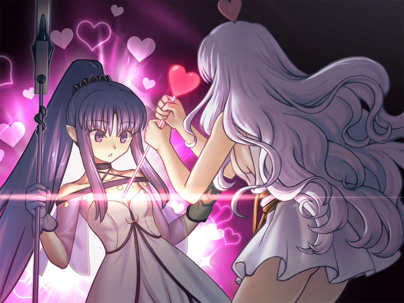 arrow_(projectile) bare_shoulders blush breasts caren_hortensia caren_hortensia_(amor_caren) caren_hortensia_(amor_caren)_(first_ascension) dress fate/grand_order fate_(series) gloves hair_ornament heart hecate's_staff_(fate) holding holding_arrow holding_staff jewelry long_hair medea_(fate) medea_lily_(fate) medium_breasts multiple_girls open_mouth pointy_ears ponytail purple_dress purple_eyes purple_gloves purple_hair see-through_clothes shoori_(migiha) short_dress sideboob small_breasts stab staff thighs very_long_hair wavy_hair white_dress white_hair