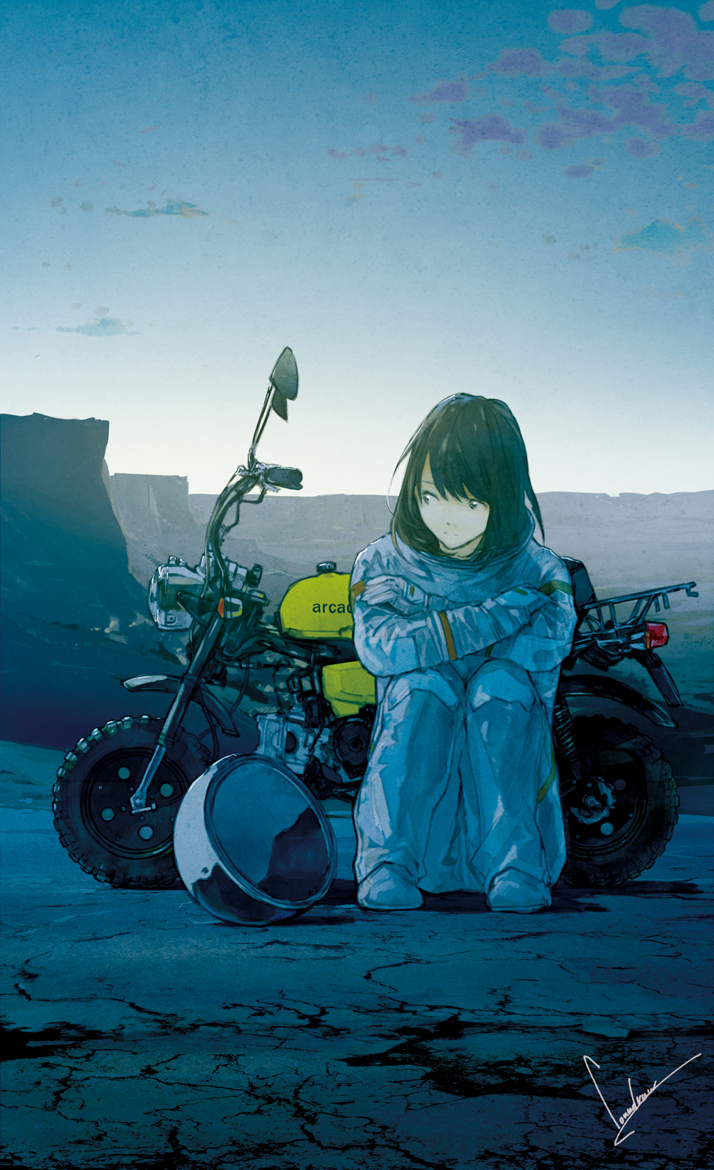1girl artist_name black_hair canyon cover crossed_arms female_focus gradient_background helmet highres knees_up loundraw motor_vehicle motorcycle original sitting solo spacecraft unworn_headwear unworn_helmet vehicle ware_mo_mata_arcadia_ni_ari