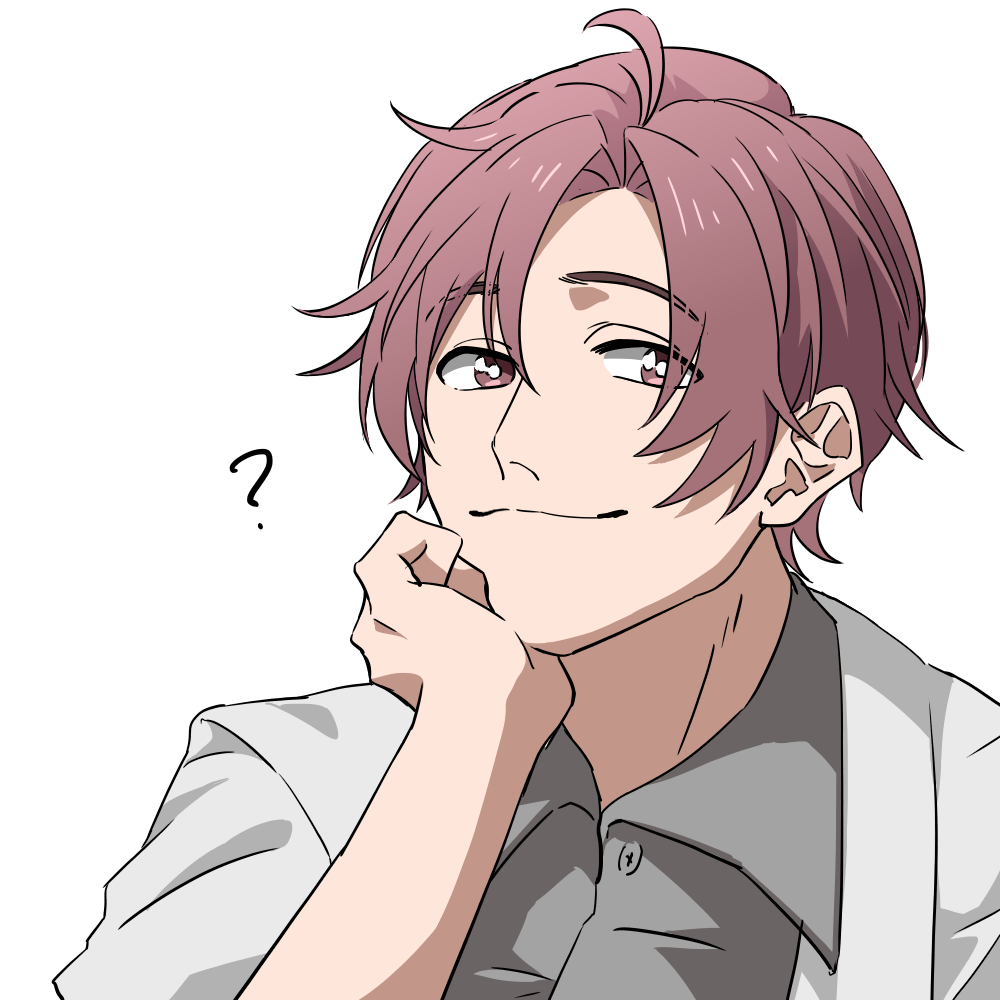 1boy ? ahoge blazer bright_pupils brown_eyes brown_hair cevio closed_mouth collared_shirt commentary_request curtained_hair grey_shirt hand_on_own_chin hand_up head_rest jacket looking_at_viewer male_focus open_clothes open_jacket raised_eyebrows shirt simple_background smile solo takahashi_amato tokono_touhi upper_body white_background white_jacket white_pupils