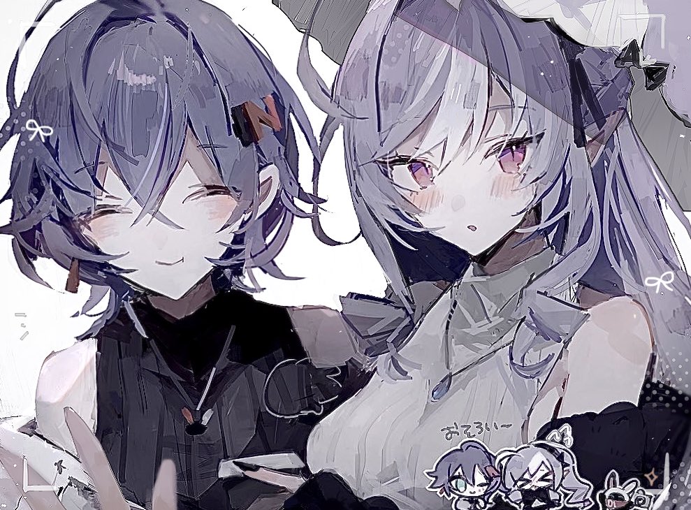 &gt;_&lt; 1other 2girls abrnb alternate_costume bangboo_(zenless_zone_zero) bare_shoulders belle_(zenless_zone_zero) black_hairband black_jacket black_nails black_sweater blue_hair blush camera chibi closed_eyes closed_mouth commentary_request cup drill_hair drill_sidelocks earrings eous_(zenless_zone_zero) fingernails fur-trimmed_jacket fur_trim green_eyes hair_between_eyes hair_ornament hairband holding holding_camera holding_cup jacket jewelry letter_hair_ornament long_hair looking_at_viewer mole mole_under_eye multiple_girls necklace off_shoulder one_eye_closed open_mouth pendant pointy_ears purple_eyes purple_hair short_hair sidelocks sleeveless sleeveless_sweater smile sparkle sweater umbrella upper_body vivian_banshee white_background white_jacket white_sweater white_umbrella zenless_zone_zero