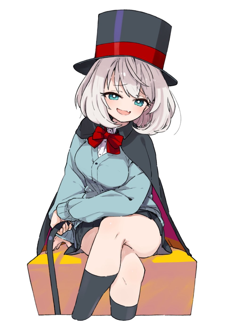 1girl :d black_cape black_hat black_socks blue_cardigan bow bowtie breasts cane cape cardigan crossed_legs fang green_eyes grey_hair hat highres holding holding_cane large_breasts long_sleeves looking_at_viewer magician mota multicolored_cape open_mouth pleated_skirt red_bow red_bowtie school_uniform short_hair sitting skirt smile socks solo tejina_senpai tejina_senpai_(series) top_hat white_background